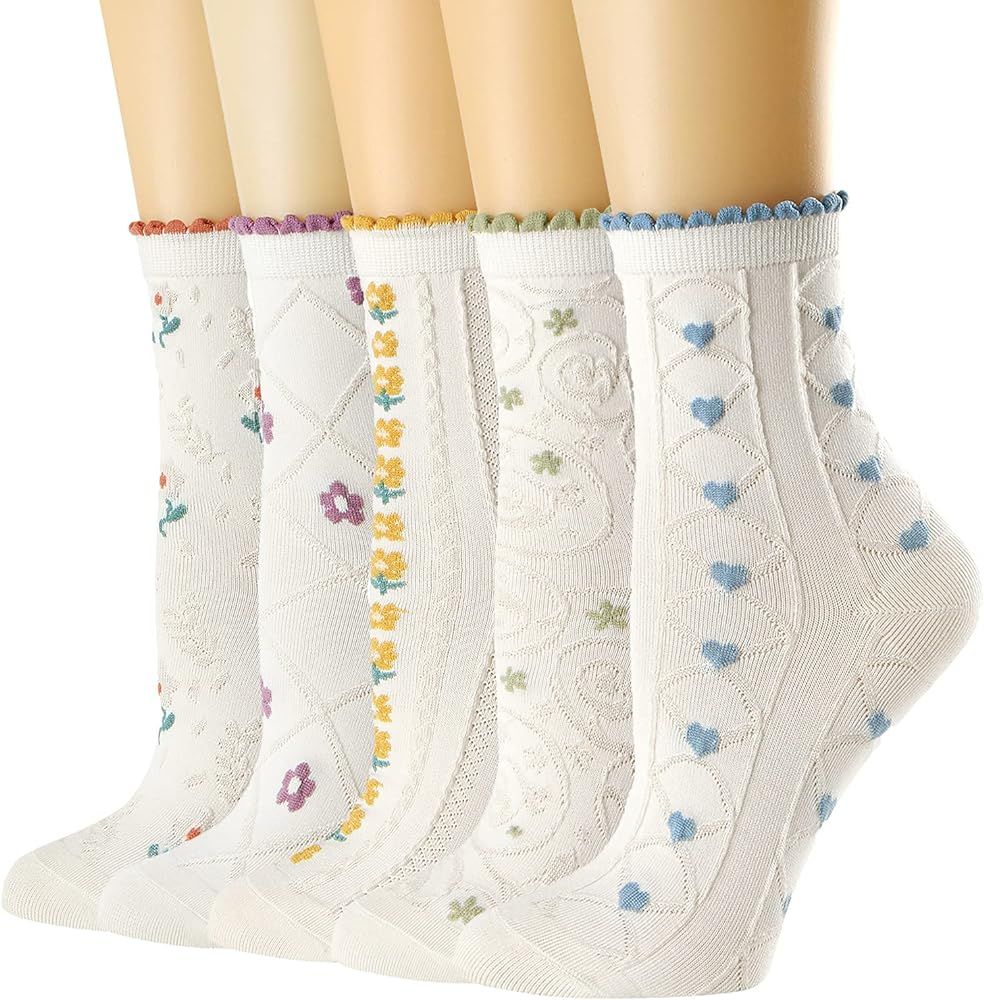 albagu Womens Crew Socks Casual Cotton Cute Socks Fun Novelty Girl Thin Dress Floral Ankle Socks ... | Amazon (US)