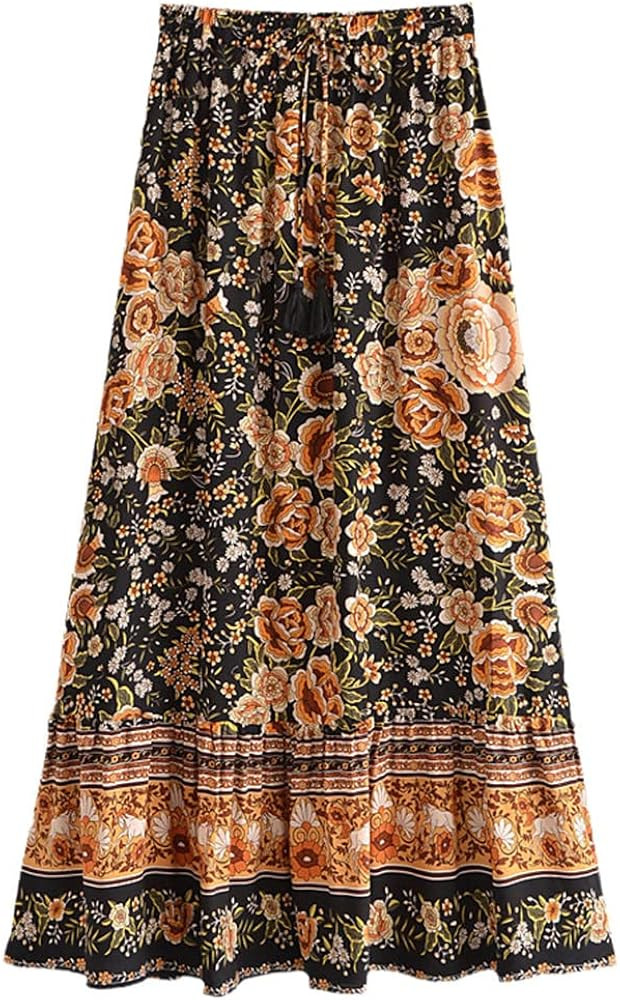 Dninmim Women Summer High Elastic Waist Pleated Bohemian Skirt Floral Print Beach A-Line Maxi Ski... | Amazon (US)