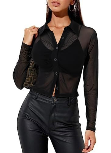 Remidoo Sheer Button Down Shirts for Women Ruched Long Sleeve Crop Top Blouse Sheer Sexy Tops Black Small | Amazon (US)