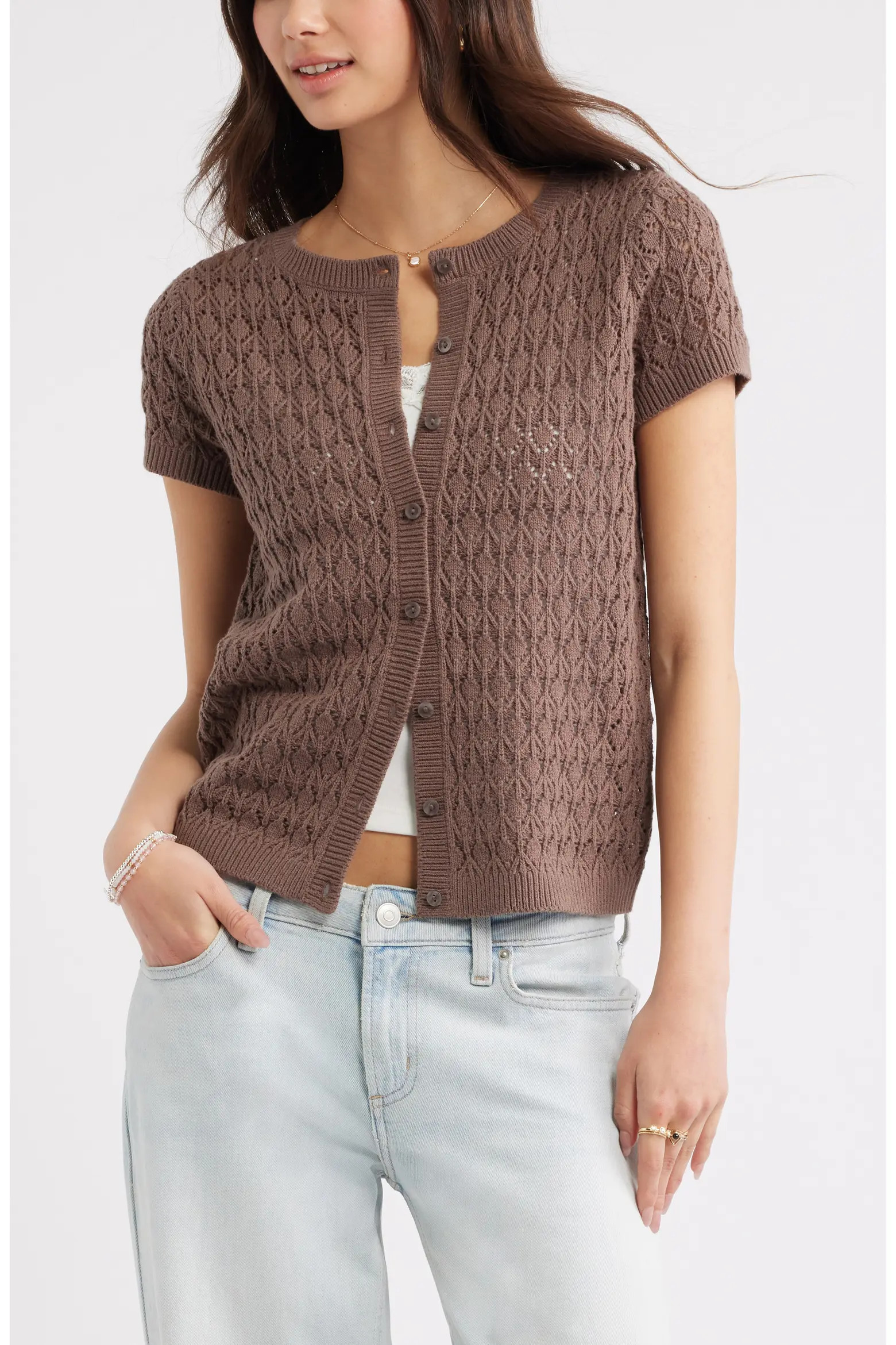 BP. Pointelle Short Sleeve Cardigan (Women) | Nordstrom | Nordstrom