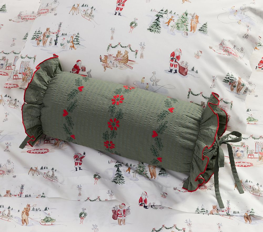 Riley Sheehey Holiday Floral Embroidered Bolster Pillow | Pottery Barn Kids