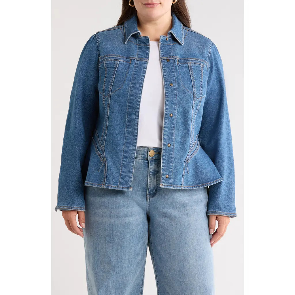 Wit & Wisdom Peplum Denim Jacket in Mid Blue at Nordstrom, Size 3X | Nordstrom