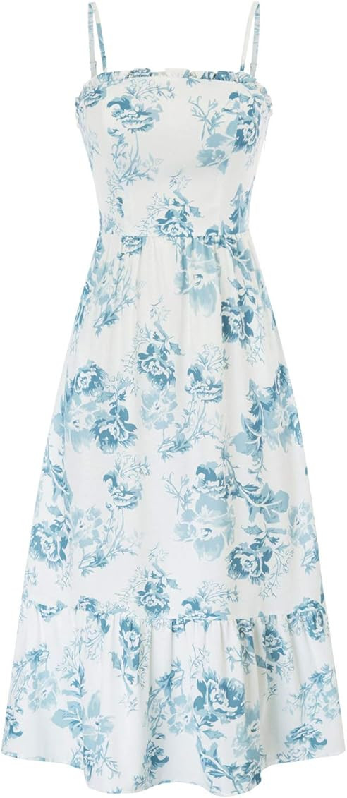 LIUMILAC Women Boho Maxi Beach Dress Floral Swing Spaghetti Straps Dress Pocket | Amazon (US)