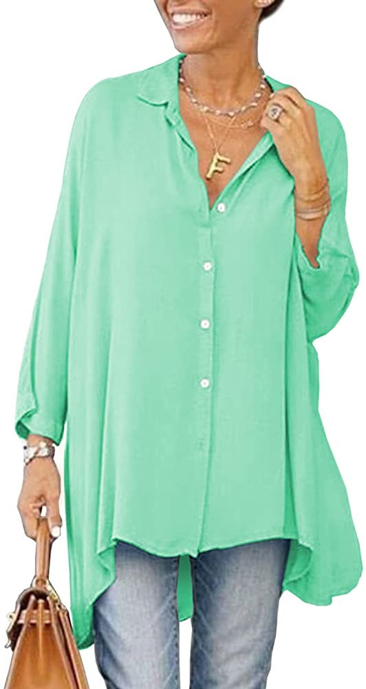 Aoysky Womens Oversized T Shirts Button Down Long Sleeve Shirt V Neck Collar Loose Flowy Blouse | Amazon (US)