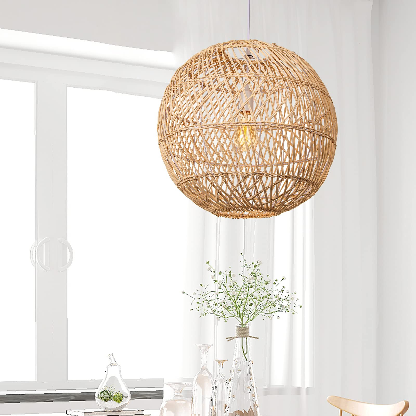 Arturesthome 19.68" Natural Rattan Pendant Light,Woven Round Chandelier Pendant Lamp Shade,Hangin... | Amazon (US)