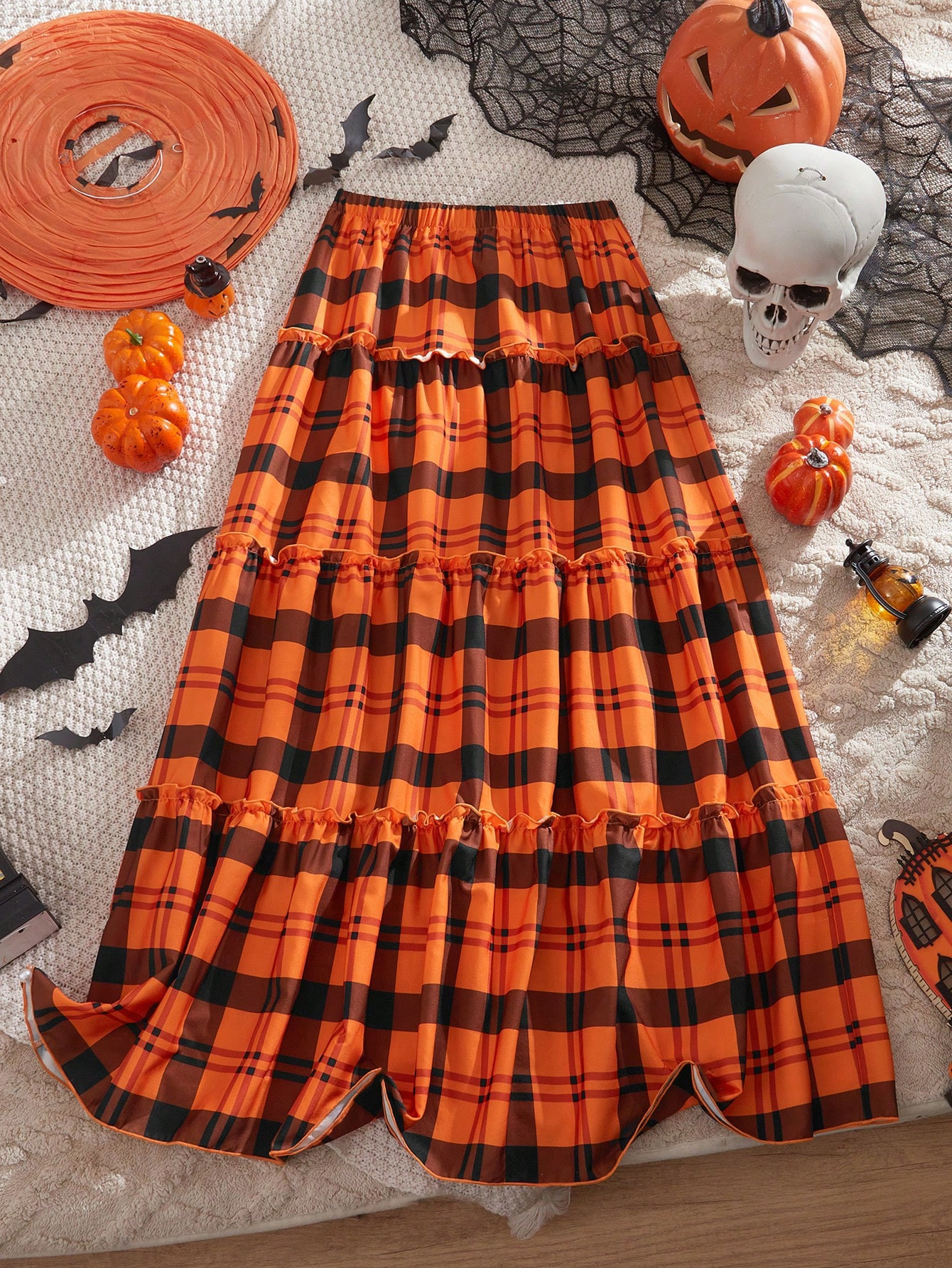 SHEIN VCAY Fall And Winter Halloween Clothes Burnt Orange Pumkim Color Plaid Pattern Women's Skir... | SHEIN