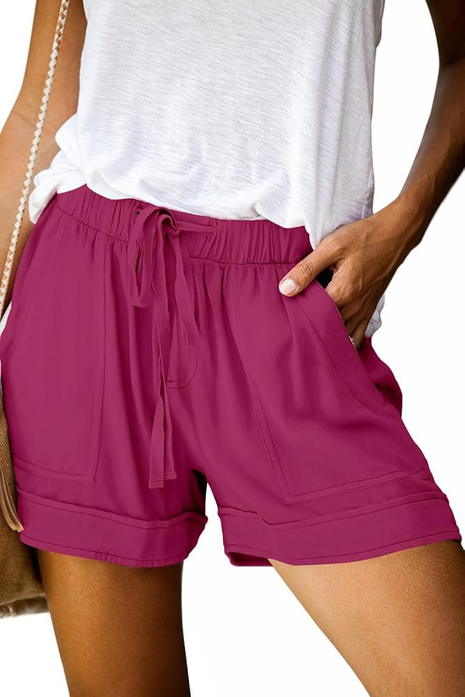 QUEEN PLUS Womens Casual Shorts Comfy Elastic Waist Drawstring Pocket Shorts Pants | Amazon (US)