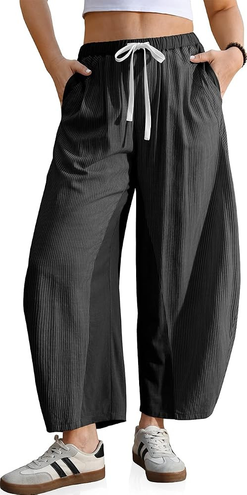 TARSE Womens Wide Leg Barrel Pants Striped Drawstring Elastic Waist Loose Fit Summer Boho Casual ... | Amazon (US)