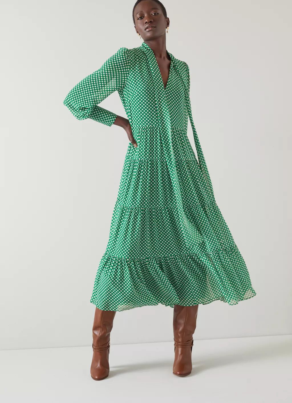 Polly Green And Cream Graphic Spot Print Midi Dress | L.K. Bennett (UK)