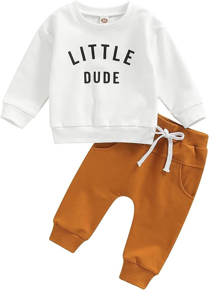 Toddler Baby Boy Fall Winter Outfits Letter Crewneck Sweatshirt Casual Pants 2Pcs Clothes Set | Amazon (US)