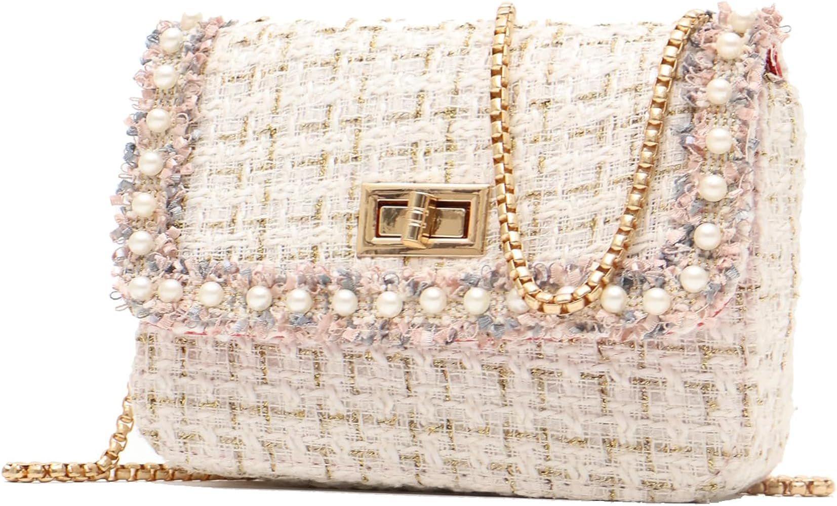 Qiayime Women's Small Pearl Purse and Handbag Top Handle Tweed Beaded Chain Evening Satchel Shoul... | Amazon (US)