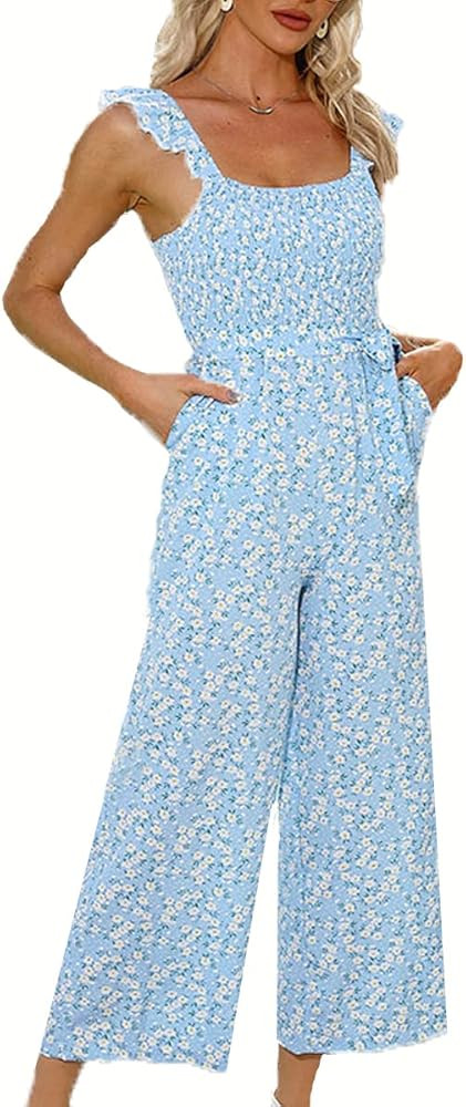 KOJOOIN Women's Casual Floral Sleeveless Jumpsuits Smocked Tank Top Square Neck Belt Wide Leg Jum... | Amazon (US)