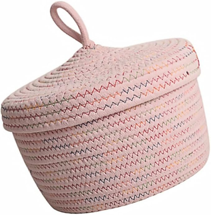 Round Cotton Rope Woven Basket with Lid, Woven Storage Basket Decorative Sundries Organizer Deskt... | Amazon (US)