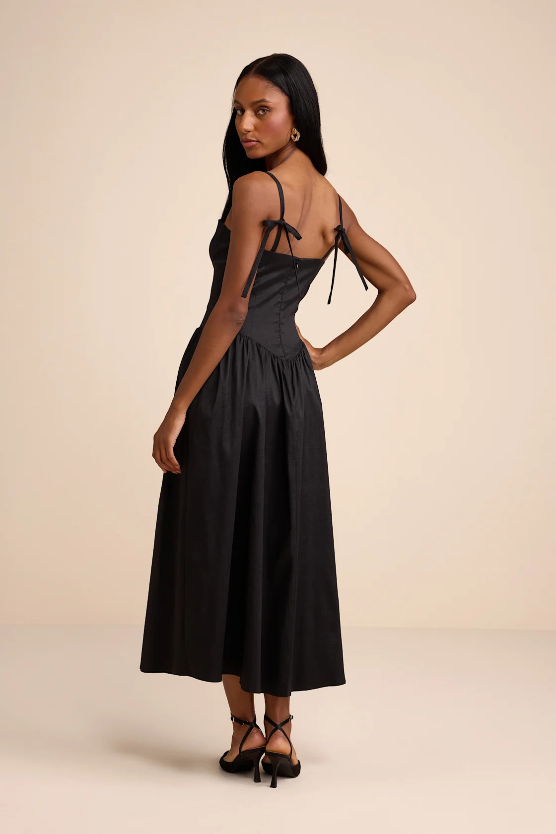 Goodwin Black Taffeta Tie-Strap Bustier Midi Dress | Lulus