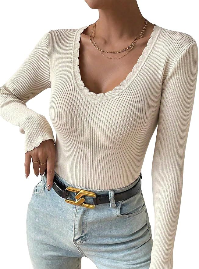 Milumia Women's Ribbed Scallop Trim Scoop Neck Long Sleeve Pullover Sweater Fitted Tops | Amazon (US)