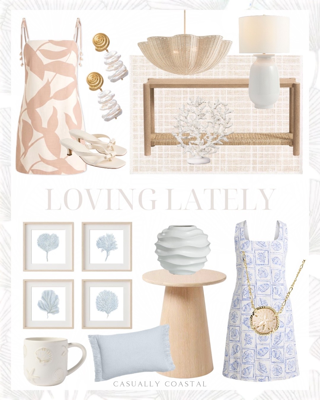 Loving Lately

Coastal home, coastal dress, summer dress, linen squareneck shift dress, sand dollar gold necklace, bow kitten heel sandals, flip flop kitten heels, abstract floral mini dress, gold and pearl earrings, woven console table, woven scalloped pendant, XL coral figural, coastal side table, Serena & lily side table, Etsy wall art, coastal wall art, seaweed artwork, textured fringe pillow cover, ceramic tall table lamp, pottery barn mug, embossed coastal stoneware mug, table vase, woven rug, coastal rug, wayfair rug

#LTKHome #LTKSeasonal
