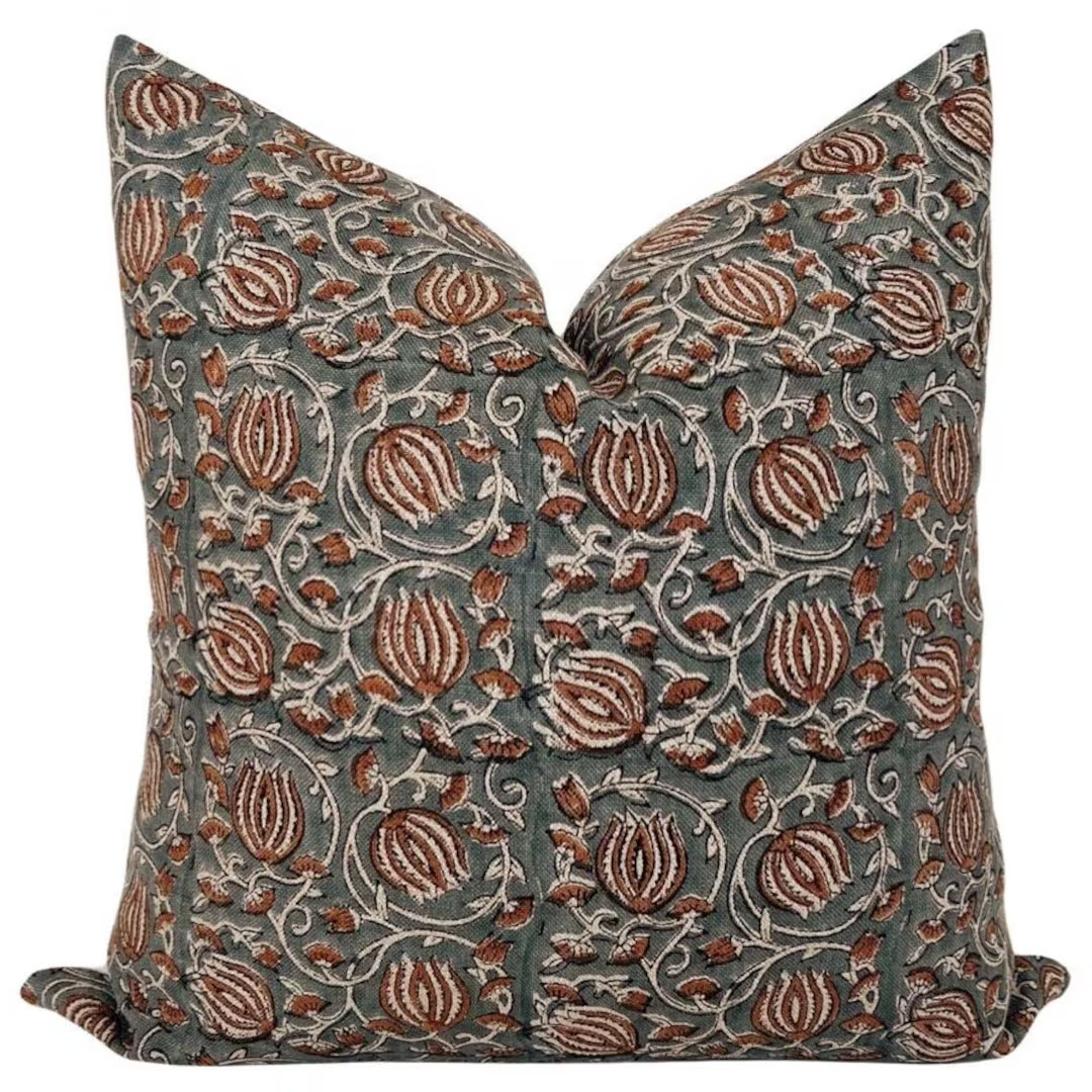 Floral Linen Pillow Cover: Rust & Blue Shabby Chic Cushion - Etsy | Etsy (US)