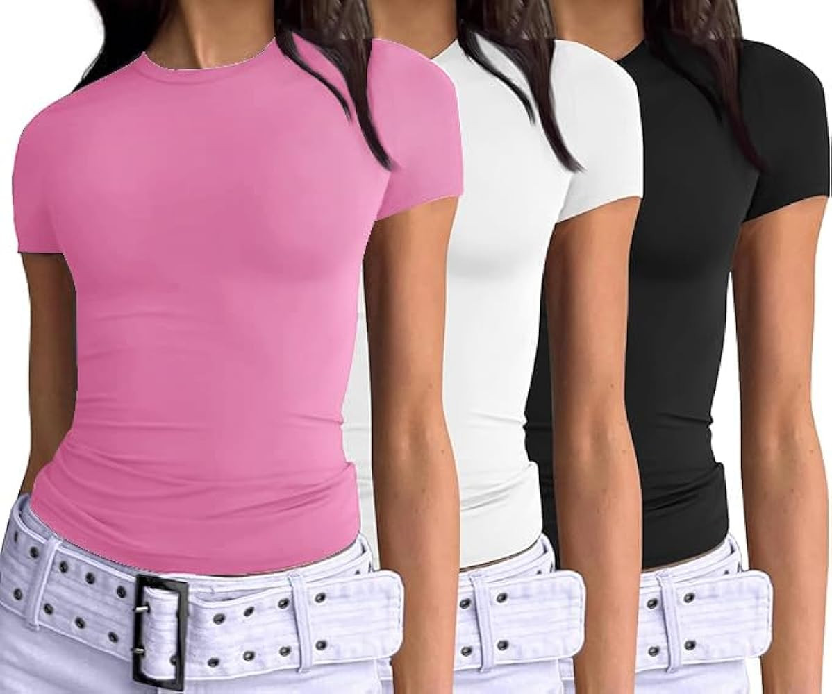Women's 3 Pack Short Sleeve Shirts Basic Slim Fit Crop Tops Going Out Tops 2026 Spring Summer Tig... | Amazon (US)