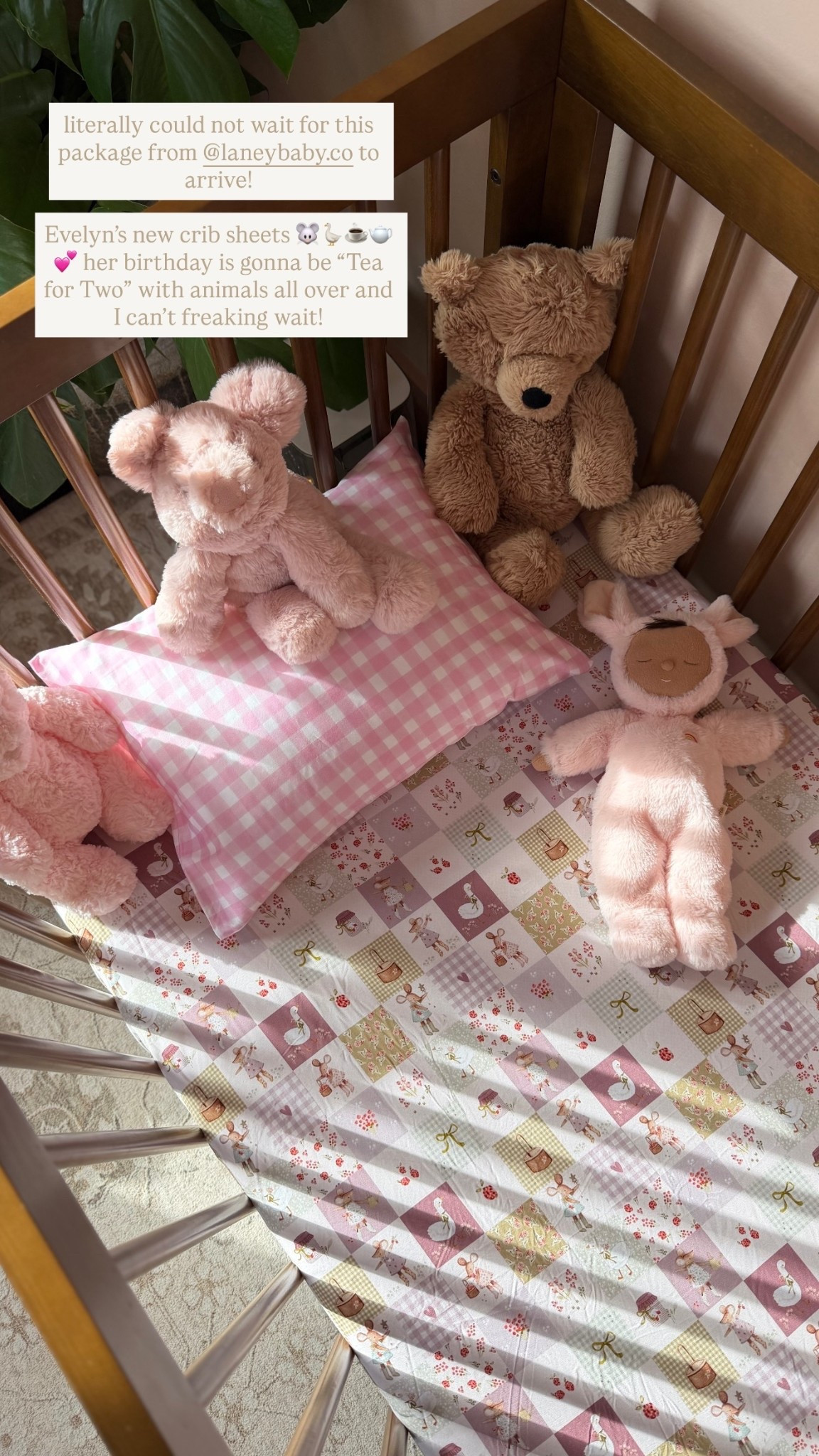 literally could not wait for this package from @laneybaby.co to arrive!

Evelyn’s new crib sheets 🐭🪿☕️🫖💕 her birthday is gonna be “Tea for Two” with animals all over and I can’t freaking wait!