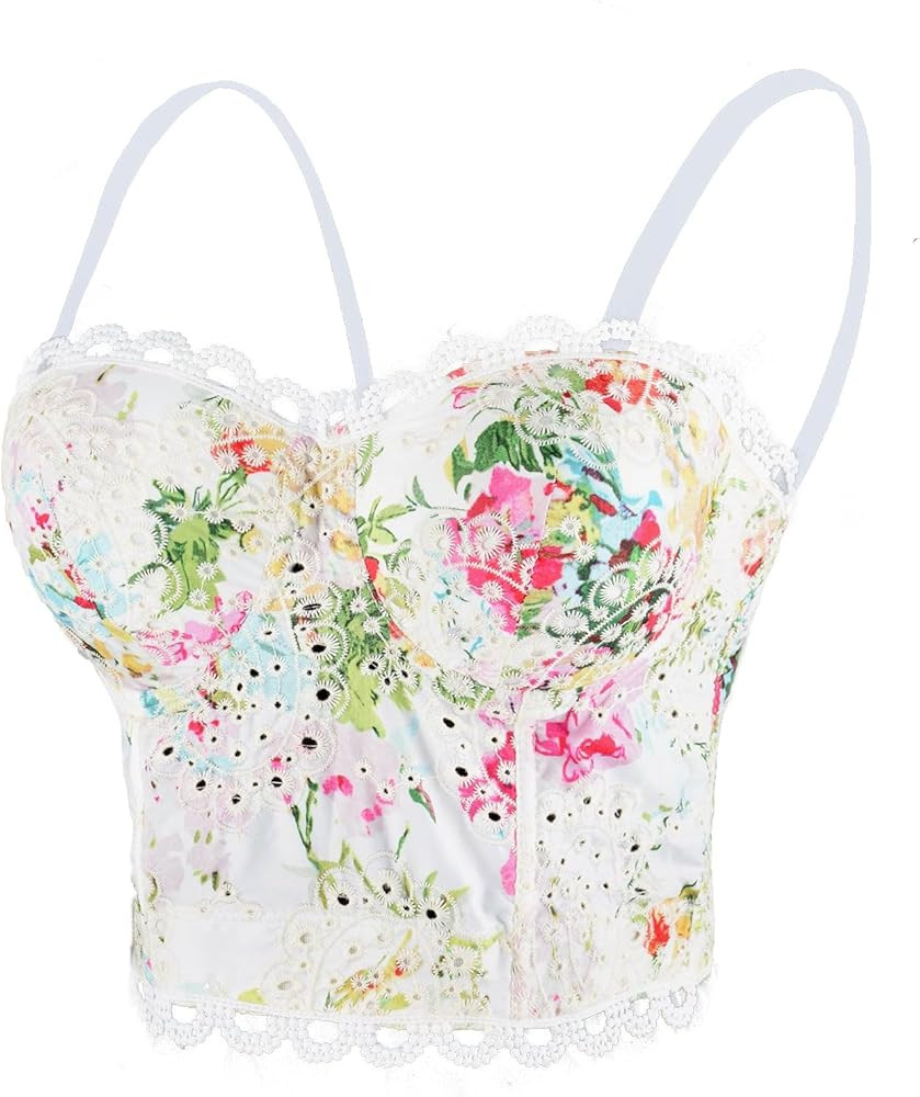 ELLACCI Women's Embroidery Floral Hollow Lace Bustier Crop Top Sexy Corset Bra Tops White | Amazon (US)
