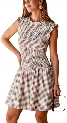 CUPSHE Women's Sleeveless Plaid Mini Dress Casual Gingham Smocked Tank Dress Ruffle A Line Short ... | Amazon (US)