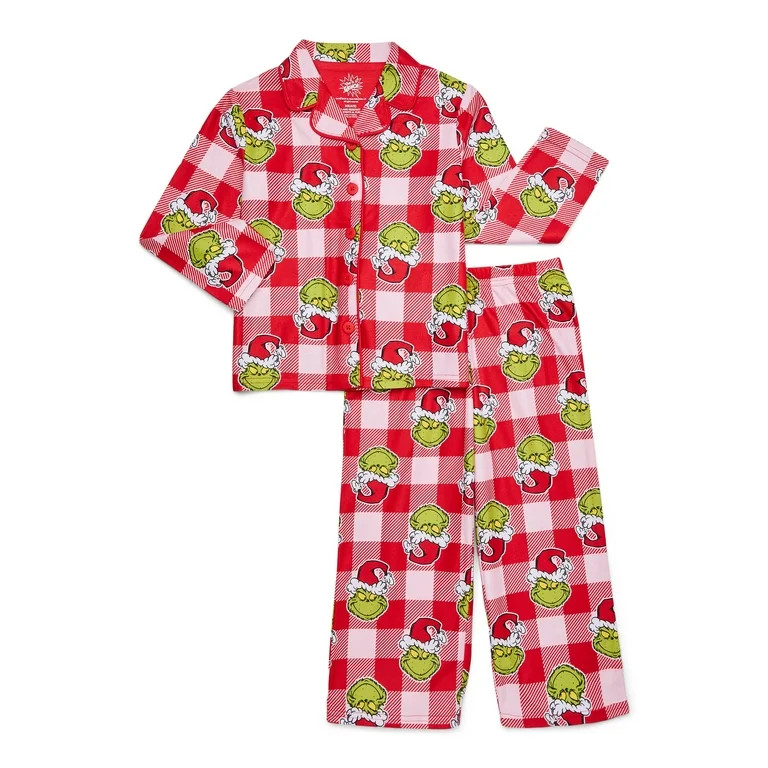 Grinch Girls Long-Sleeve Button-Front Top and Pants Pajama Set, 2-Piece, Sizes 4-16 | Walmart (US)