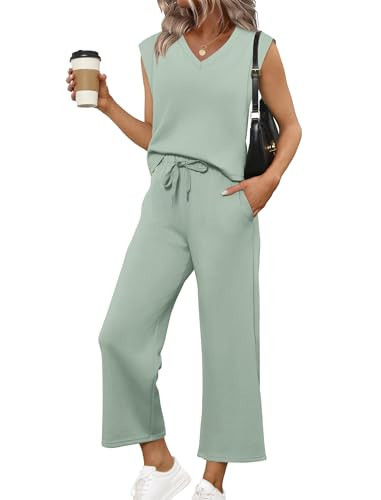 Sampeel Two Piece Sets for Women Summer Beach Vacation Travel Outfits Wide Leg Crop Pants Lounge Sets 2025 Sage Green L | Amazon (US)