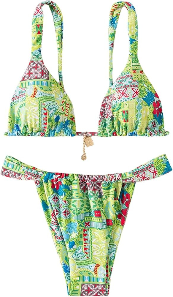 Women's 2 Piece Floral Tropical Print Bikini Set Boho Triangle Bathing Suit Tie Backless Swimsuit... | Amazon (US)