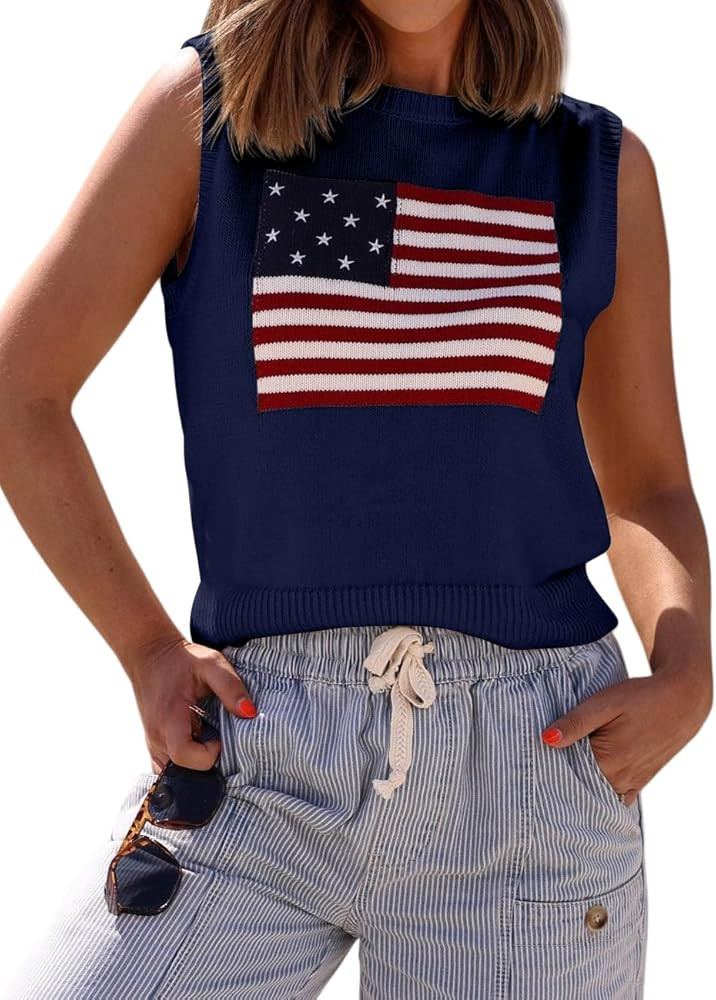Dressmine Womens Sleeveless American Flag Sweater Vest Summer USA Knit Crop Tops Casual Trendy 20... | Amazon (US)
