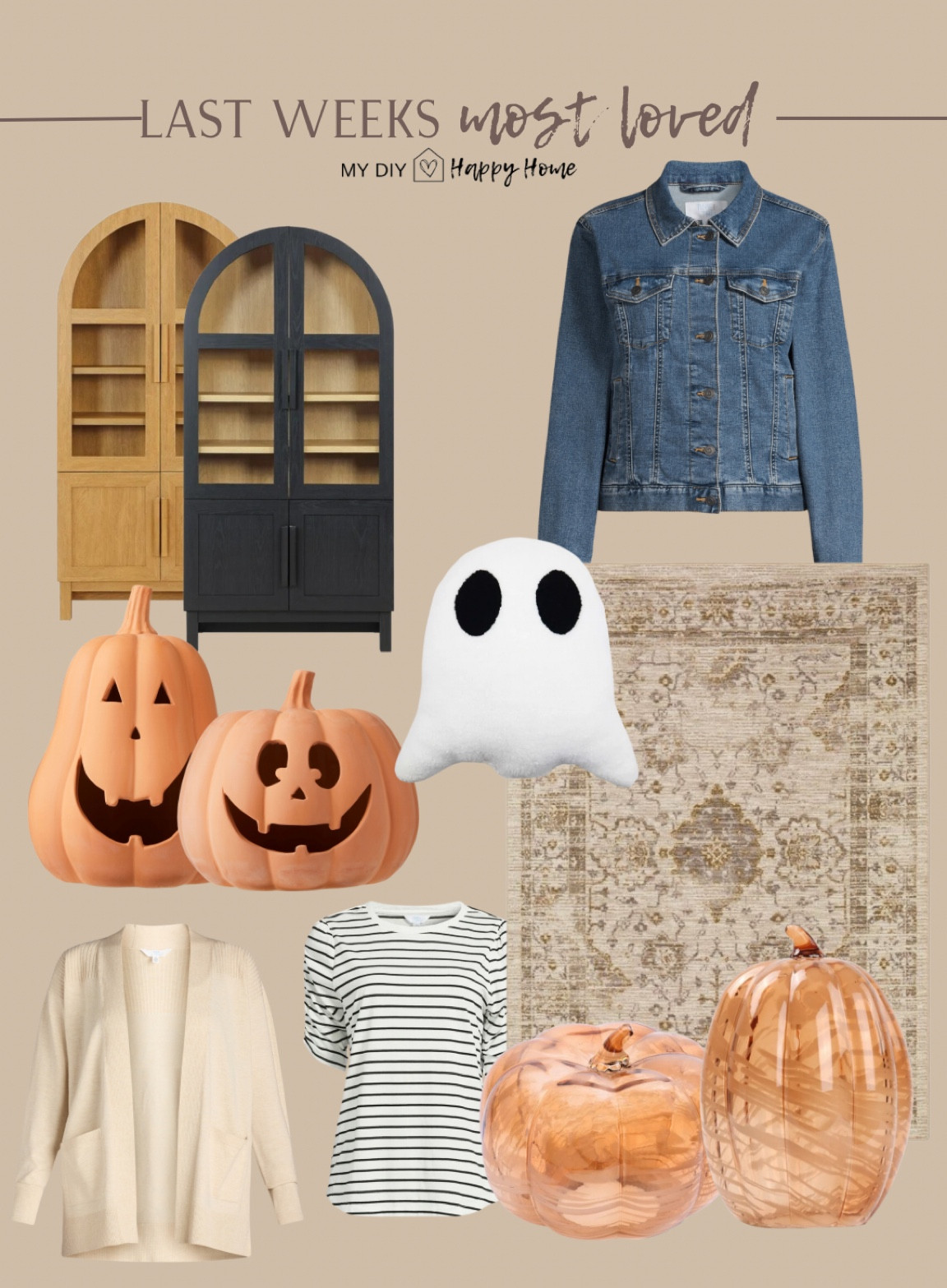 Last weeks most loved and best sellers 

•arched cabinet 
•denim jacket 
•clay Jack-O-Lanterns
•ghost pillow
•vintage look rug 
•lightweight cardigan
•ruched sleeve top
•marbleized glass pumpkins  

#LTKSeasonal #LTKStyleTip #LTKHome