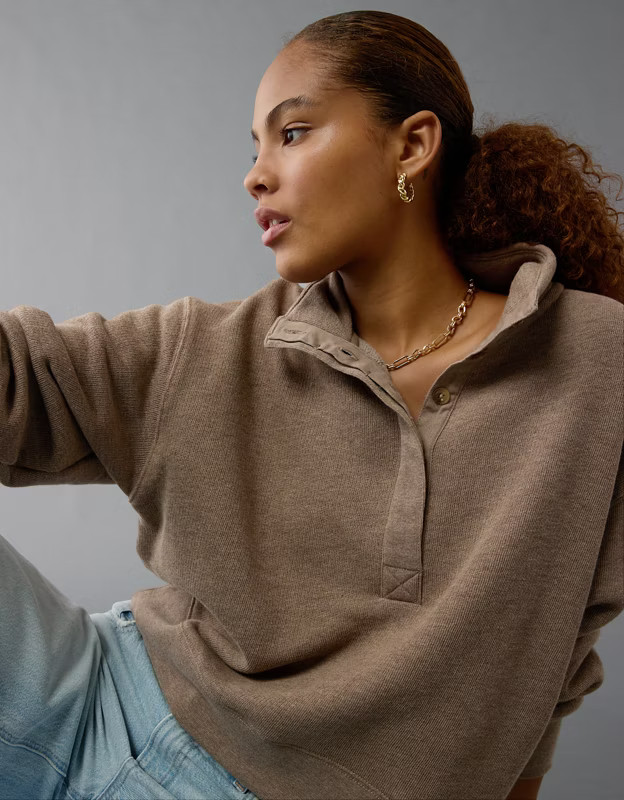 AE Cropped Henley Fleece Sweatshirt | American Eagle Outfitters (US & CA)