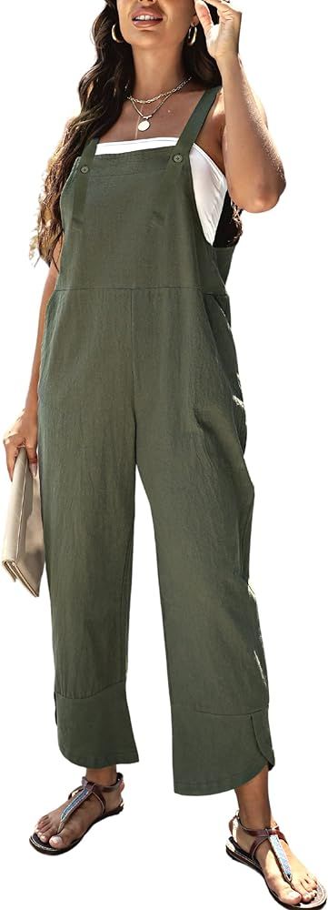 Women's Casual Loose Petal Hem Baggy Cotton Linen Overalls Jumpsuits Romper Suits Wide Leg Pants | Amazon (US)