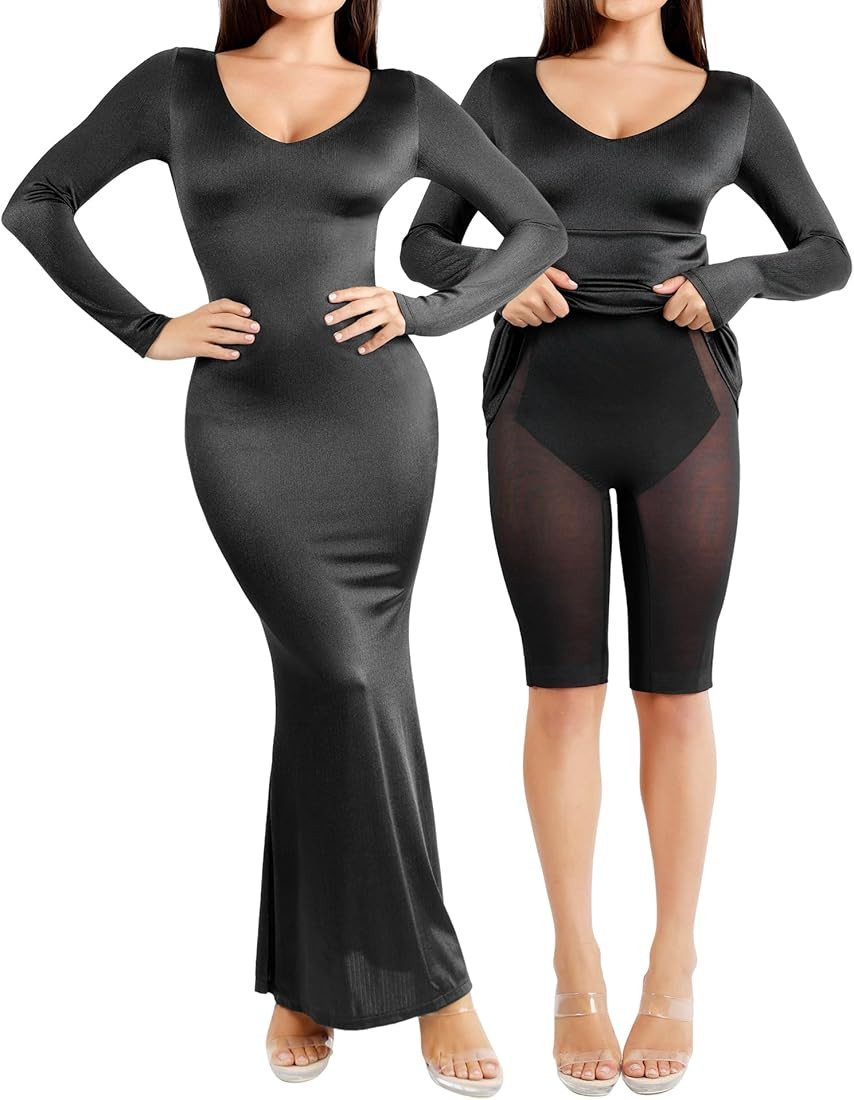 Popilush Shapewear Ball Gowns for Women Formal Long Sleeve Dress Satin V-Neck Cocktail Wedding Pa... | Amazon (US)