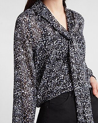 Metallic Printed Tie Neck Top | Express
