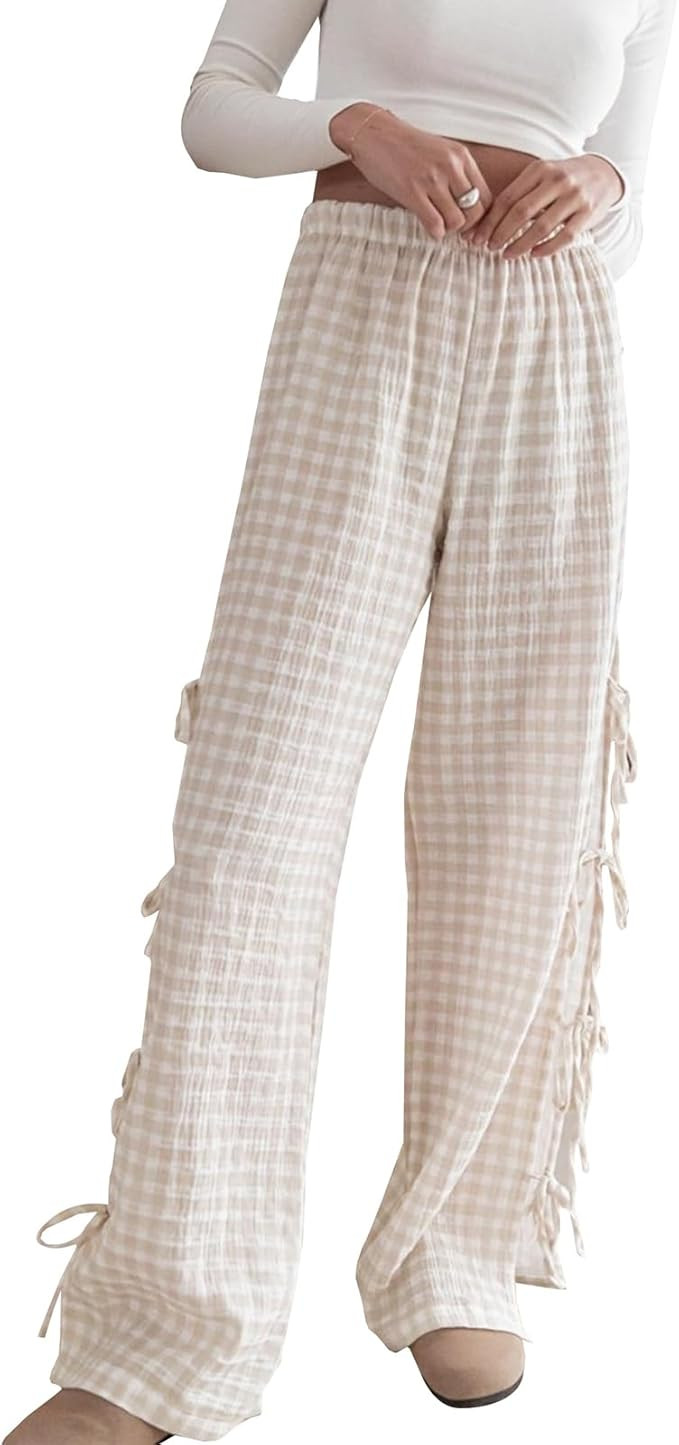 Y2K Gingham Pants for Women Bow Tie Side Slit Wide Leg Lounge Bottom Plaid Checkered Loose Fit Go... | Amazon (US)