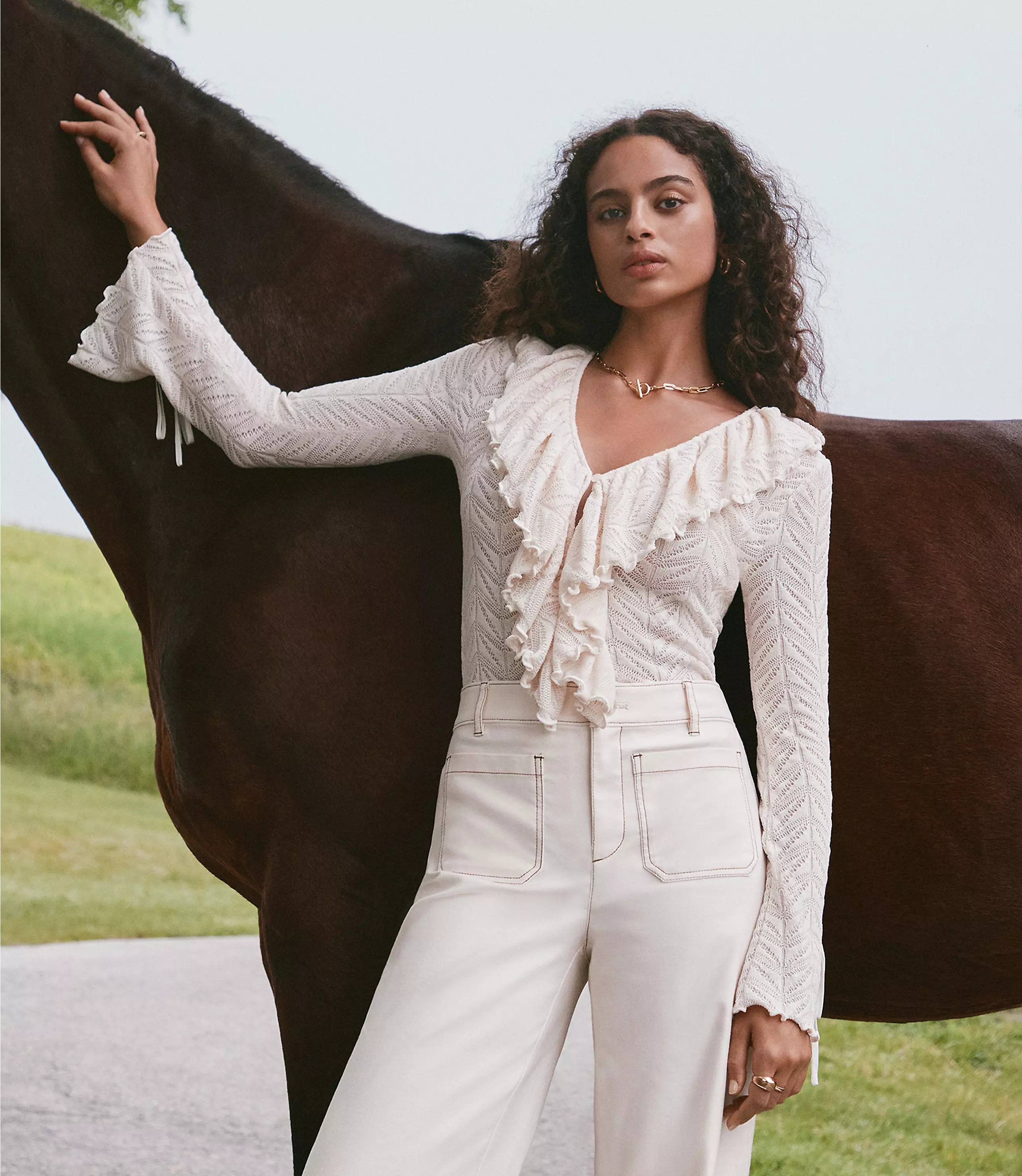 Pointelle Ruffle Tie Cuff Top | LOFT