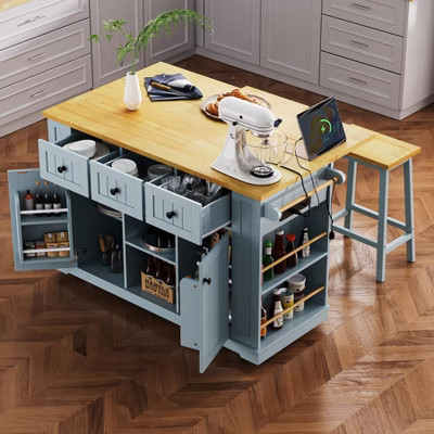 Large Kitchen Island with Drop Leaf and Power Outlet, Rolling Kitchen Cart on 5 Wheels with Door Internal Storage Rack and Side Racks, Grey-Blue | Target