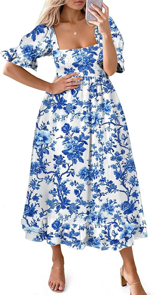 Women's Summer Blue and White Floral Maxi Dress Puff Sleeves Flowy Sundress | Amazon (US)