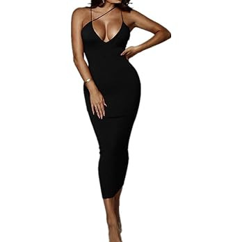 PRIMODA Women's Sexy Neon Asymmetrical Spaghetti Strap Dress Deep V-Neck Sleeveless Bodycon Midi ... | Amazon (US)