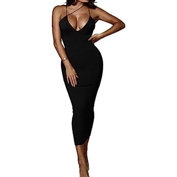PRIMODA Women's Sexy Neon Asymmetrical Spaghetti Strap Dress Deep V-Neck Sleeveless Bodycon Midi ... | Amazon (US)