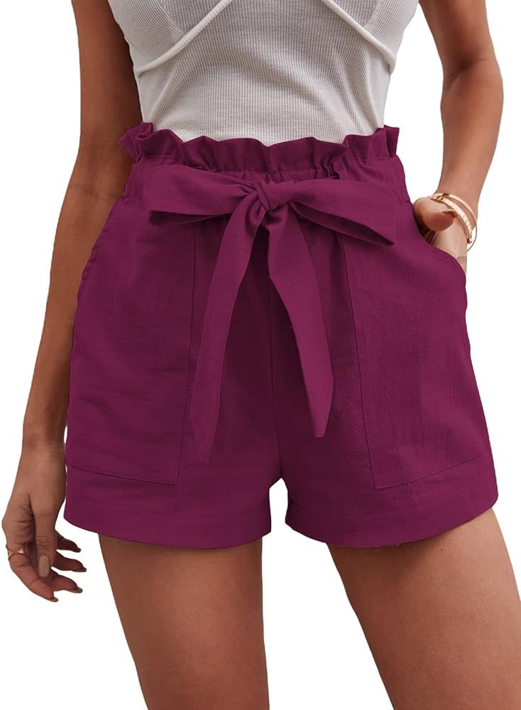 Floerns Women's Solid Paper Bag High Waist Shorts Summer Casual Bow Tie Belted Shorts Purple S at... | Amazon (US)