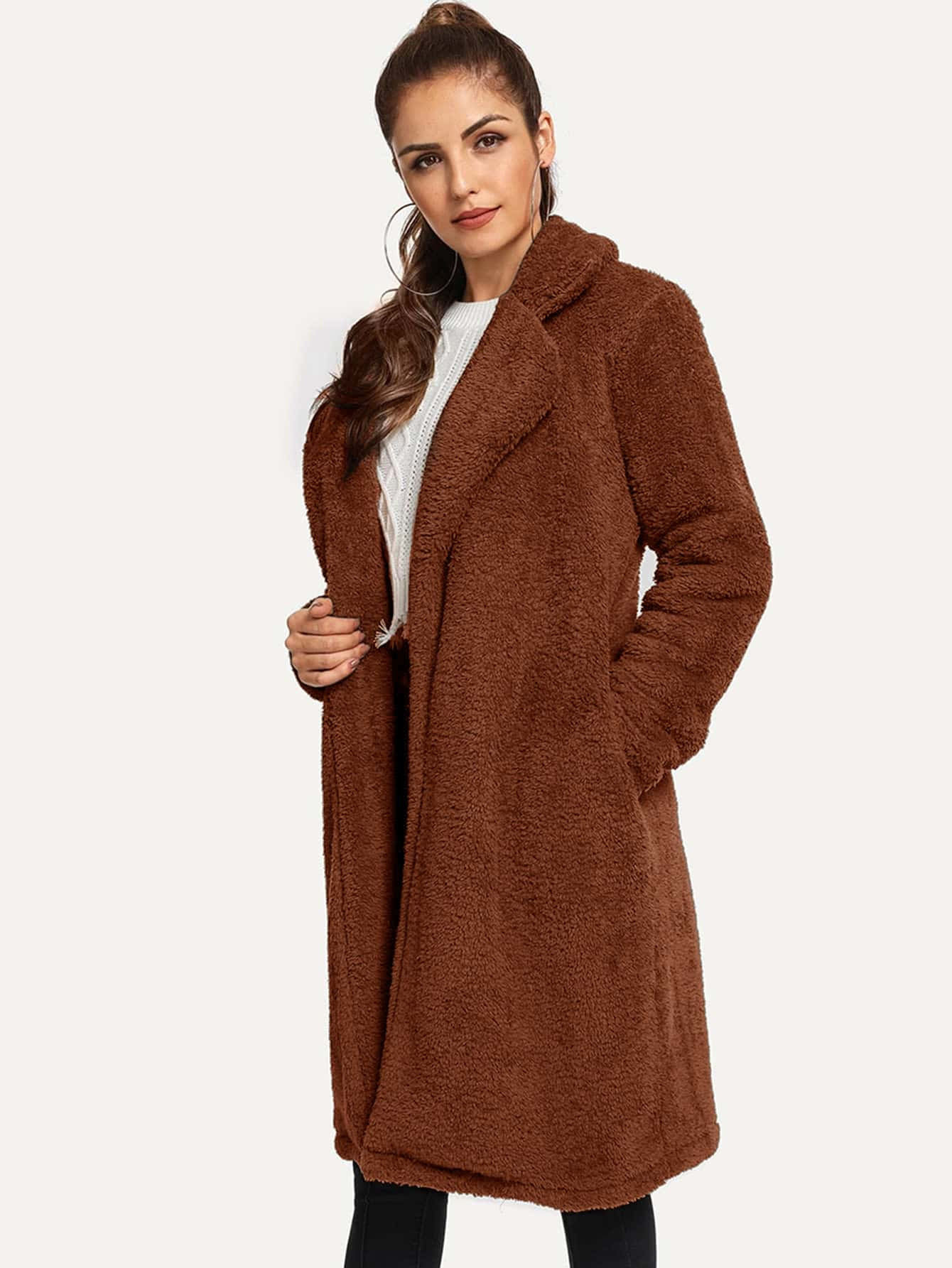 Waterfall Slant Pocket Teddy Coat | SHEIN