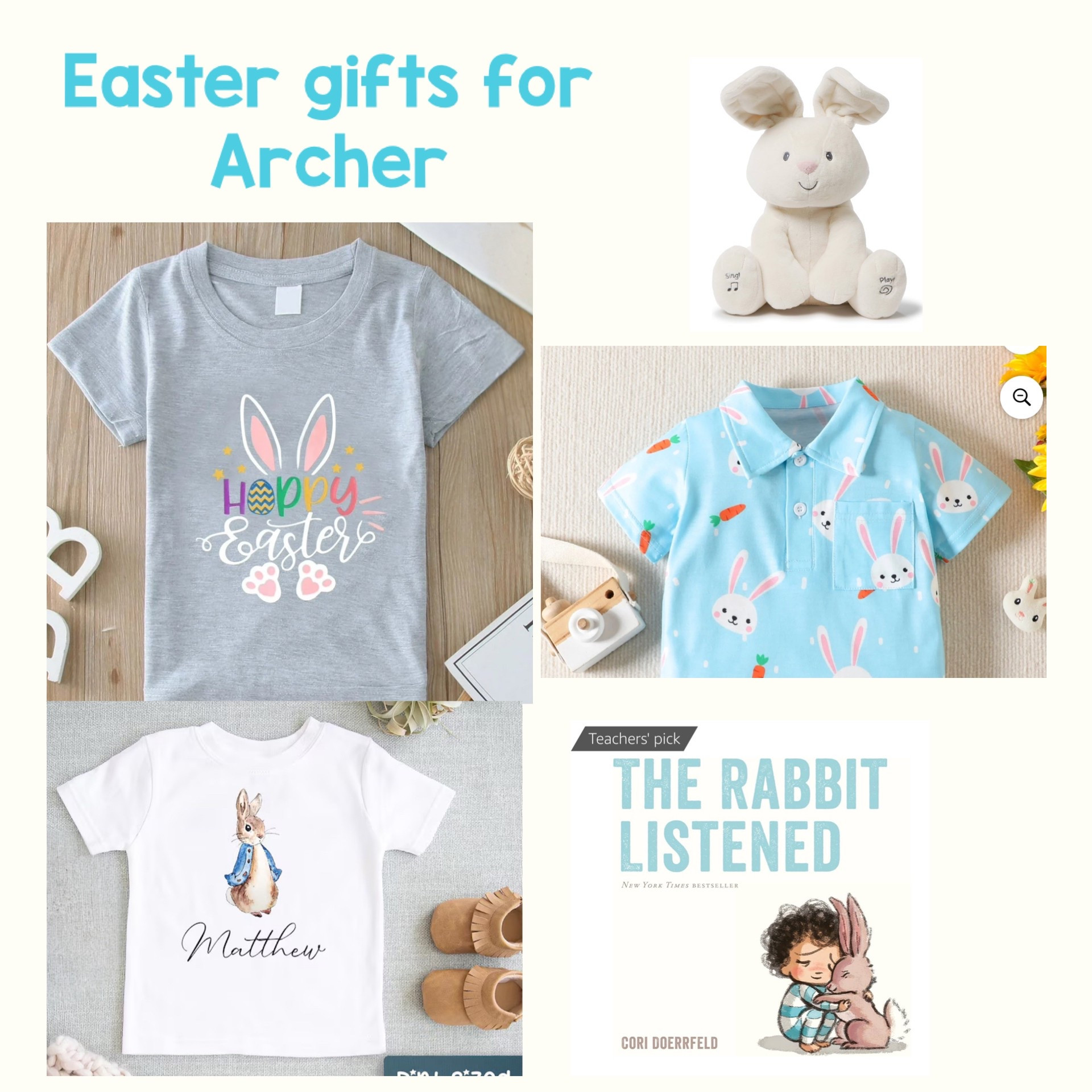 Easter has always been one of my favorite holidays - the end of Winter, the beautiful promise of Spring. It’s a chance for new beginnings….
Plus - I’m a sucker for Cadbury eggs!! 
I just sent Archer and Isla some adorable Easter goodies.
The book “The Rabbit Listened”, while not a true “Easter” book, might be one of my favorite children’s books I’ve ever read. And the singing, “Play With Me” bunny is adorable and a BIG hit with kiddos!


#easterfortoddlers #easterideasforkids #easteroutfitideas #easterbasketideas #booksfortoddlers #eastergiftsforkids 


#LTKKids #LTKGiftGuide #LTKSeasonal