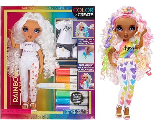 Rainbow High Color & Create Fashion DIY Doll with Washable Rainbow Markers, Purple Eyes, Curly Ha... | Amazon (US)