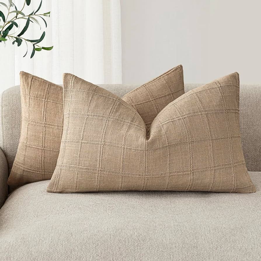 Foindtower Set of 2 Decorative Linen Check Throw Pillow Covers Neutral Farmhouse Lumbar Cushion C... | Amazon (US)