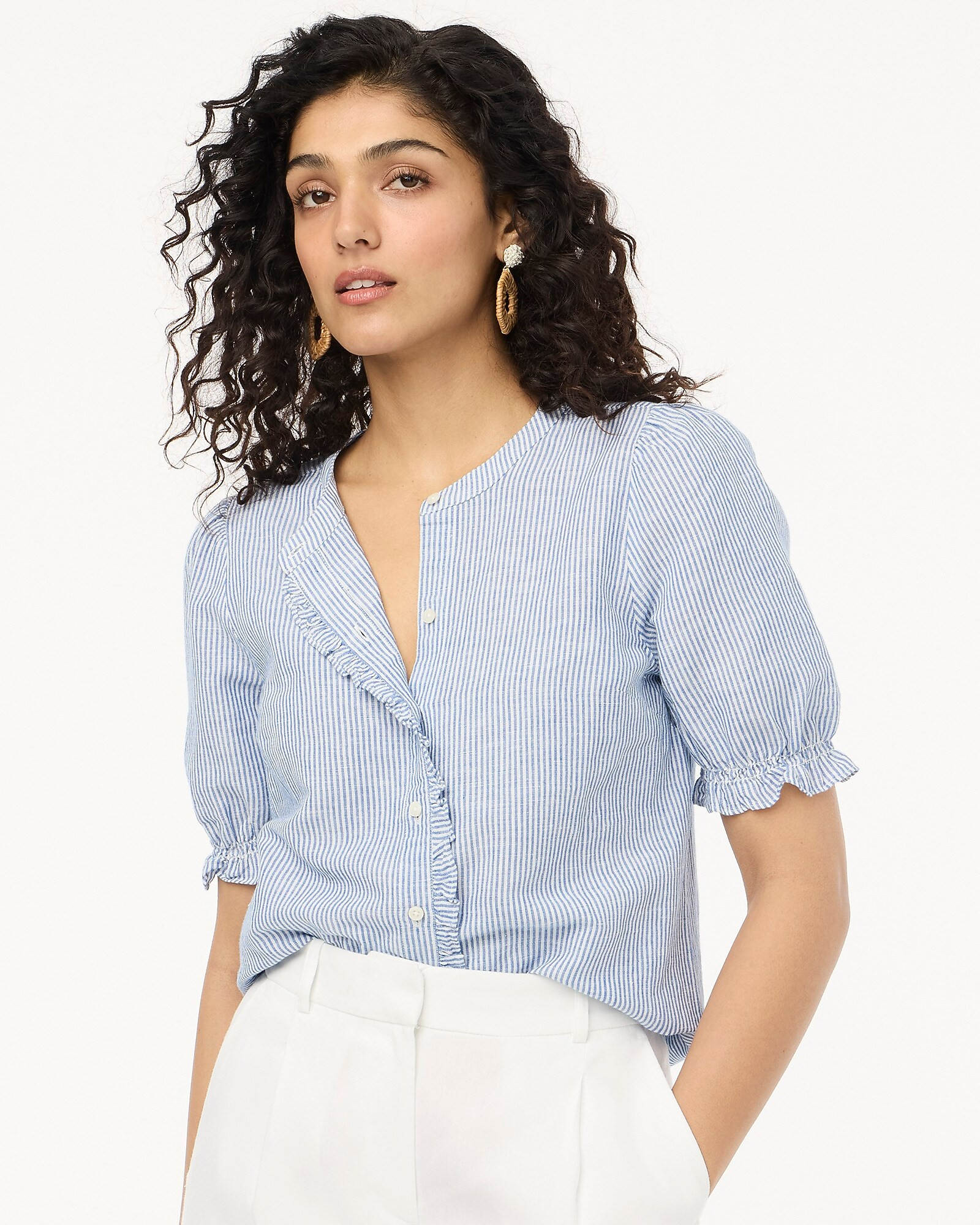 Linen-blend ruffle top with puff sleeves | J.Crew Factory