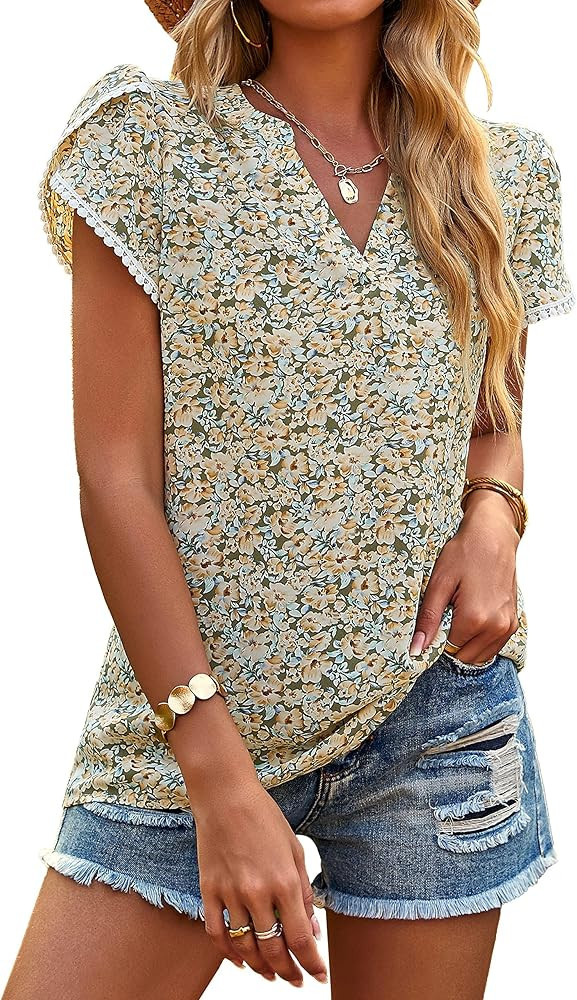PRETTYGARDEN Womens Spring Tops 2026 Casual Crewneck Lace Crochet Short Sleeve Shirts Floral Boho... | Amazon (US)