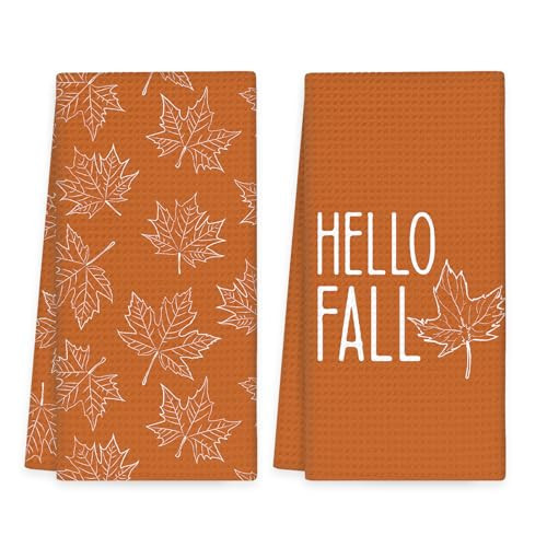 OINDADE Orange Maple Leaves Fall Kitchen Towels Set of 2, Autumn Maple Leaves Hand Towels, Orange Hello Fall Dish Tea Towel for Kitchen Decorative, Autumn Themed Gifts Bathroom Kitchens Decor, 16x24In | Amazon (US)