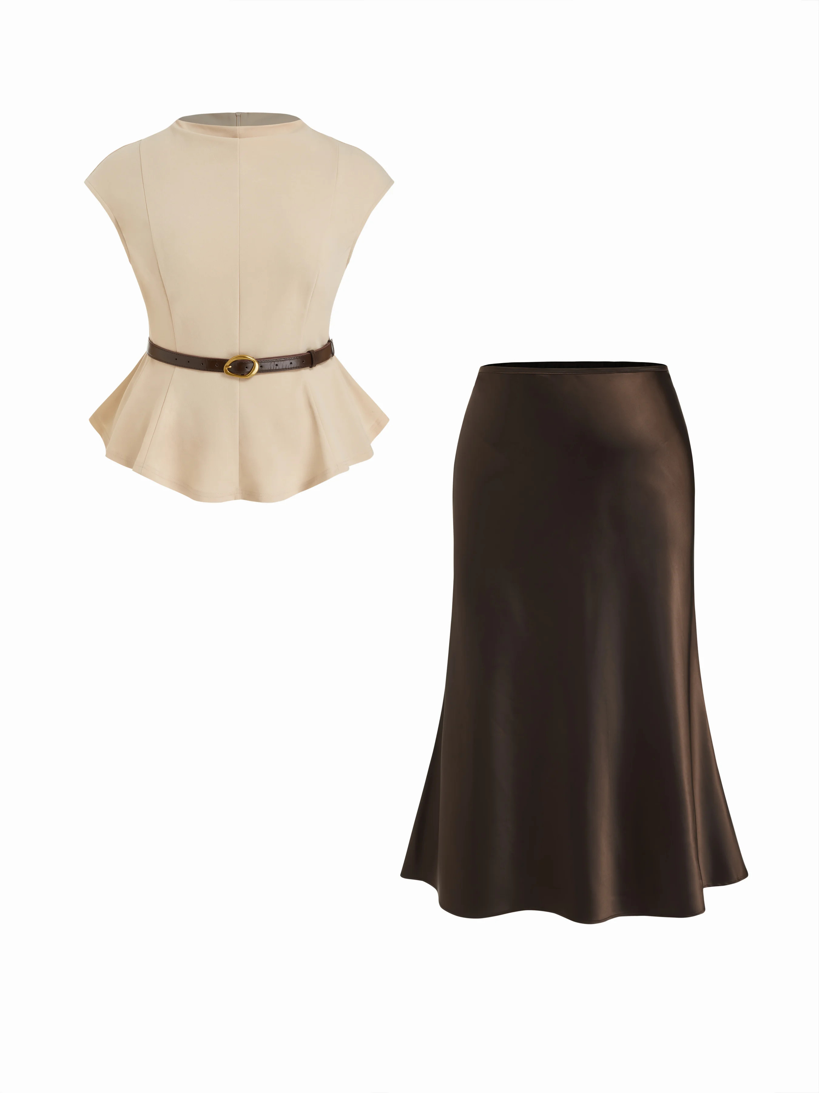 Stand Collar Cinched Waist Top With Belt & Zipper Mermaid Maxi Skirt Set Curve & Plus | Cider