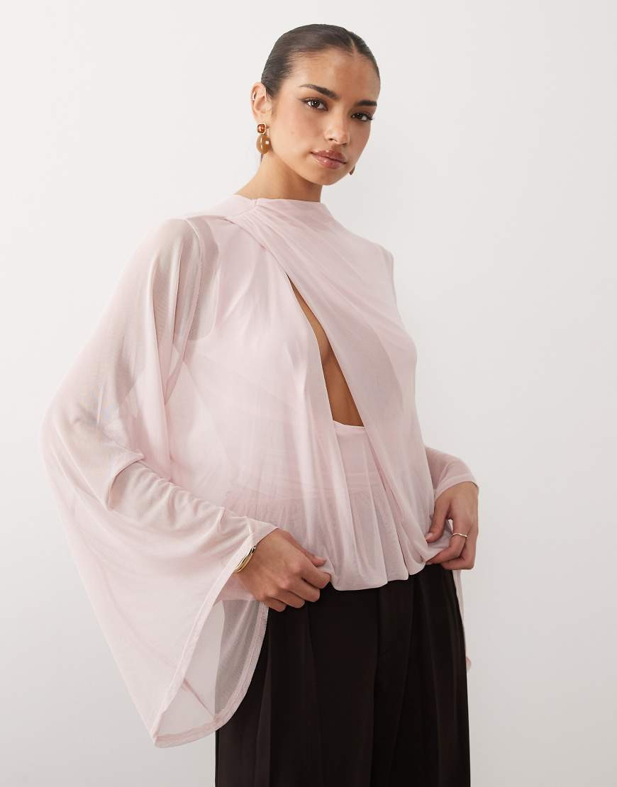 ASOS DESIGN mesh cowl drape blouson mesh top in pink | ASOS (Global)